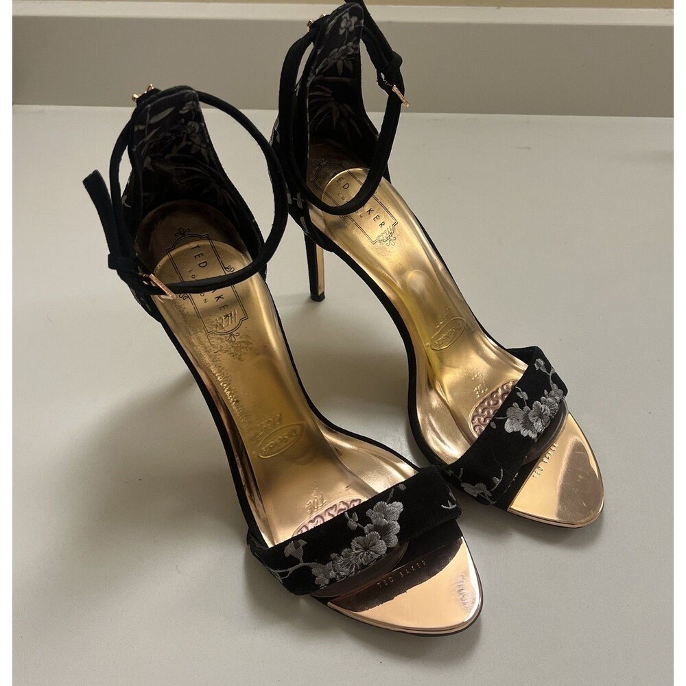 Ted Baker London NIKOAL Floral Black Velvet Ankle Strap Heel Stiletto Size 10 40 - Picture 2 of 9